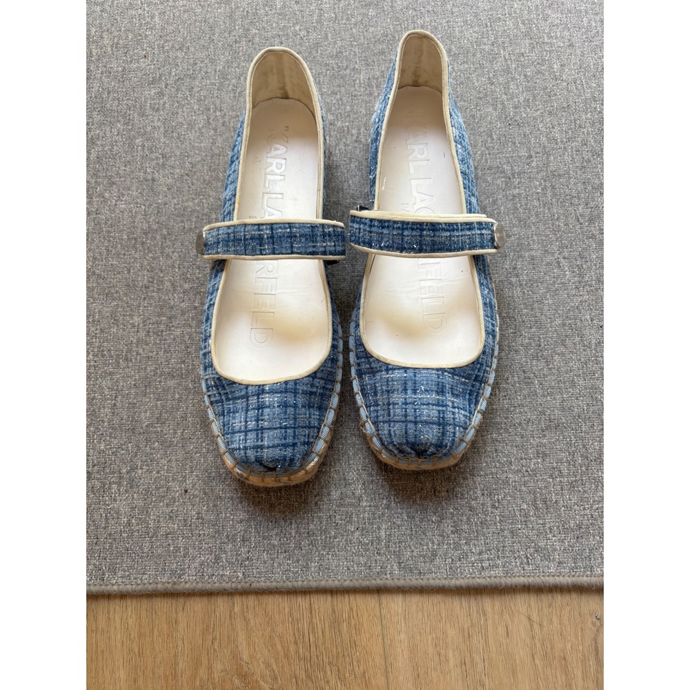 Karl Lagerfeld Paris Mikai Blue Tweed Espadrille Mary Jane Flats US 7.5M